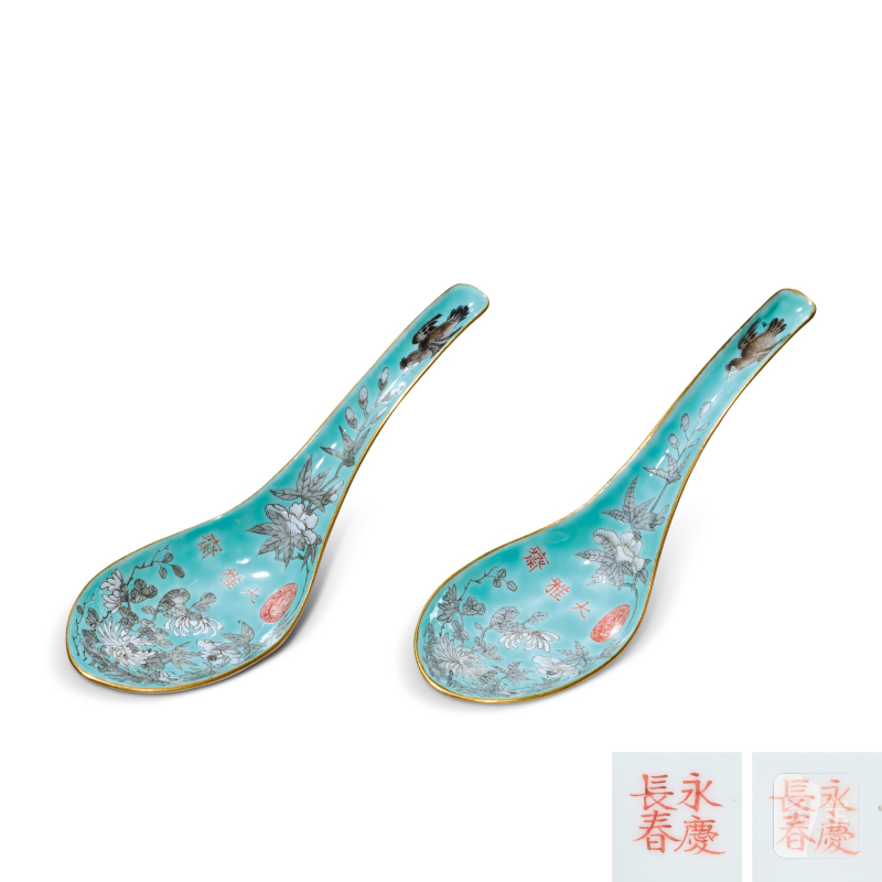 清光绪 绿地墨彩芙蓉花纹勺一对 - 图1